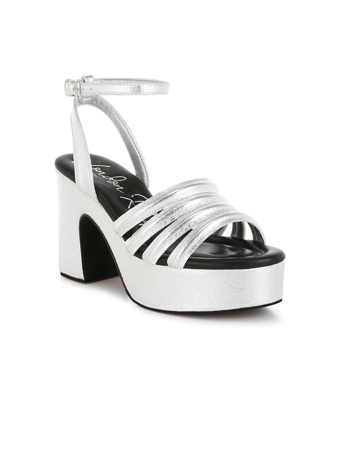 

London Rag Striped Leather Block Heel Sandals, Silver