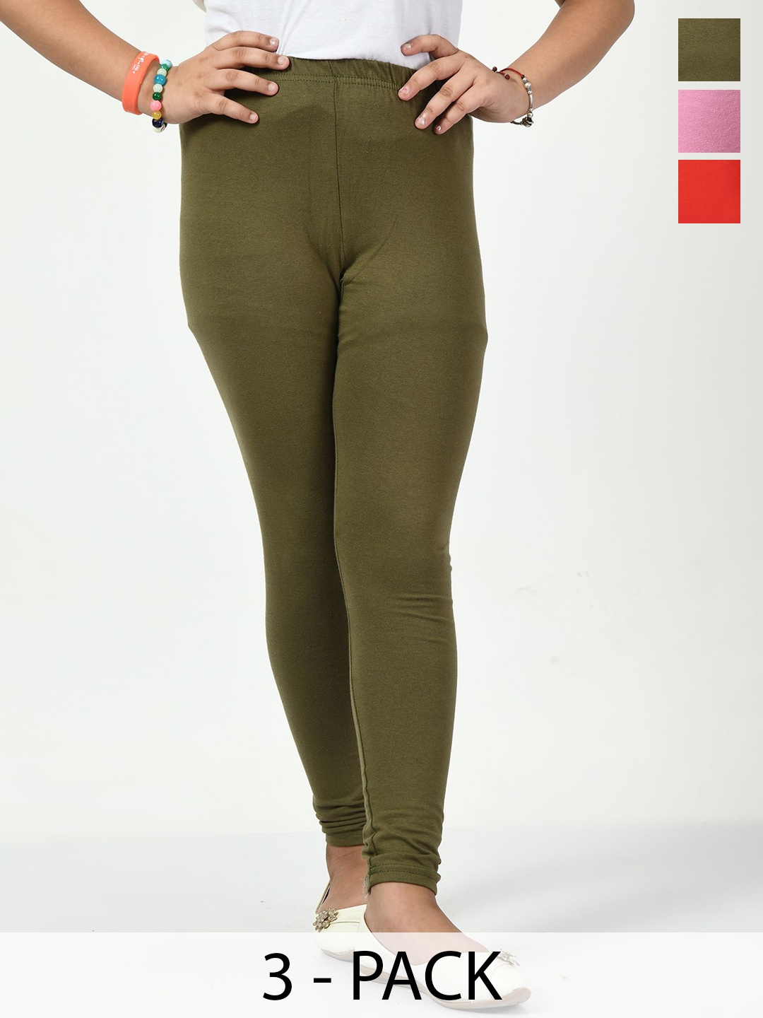 

KAYU Girls Pack Of 3 Churidar Length Leggings, Green