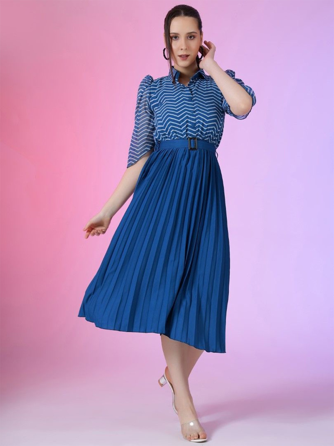 

Femvy Women Shirt Collar Puff Sleeve Striped Print Applique Fit & Flare Maxi Dress, Blue