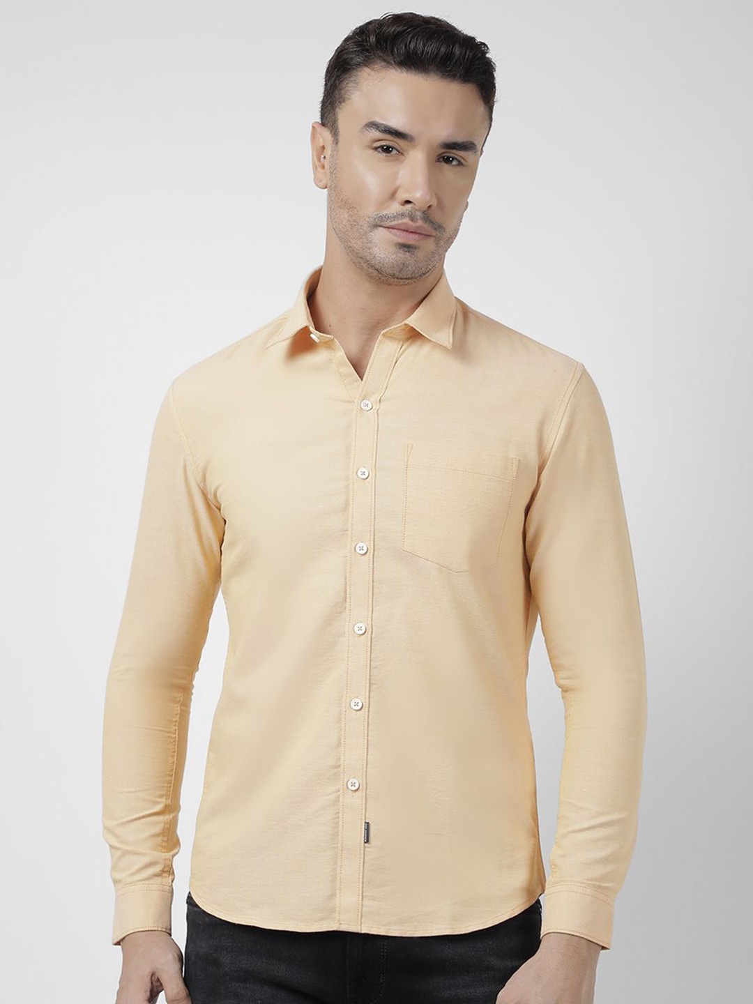 

Numero Uno Men Spread Collar Solid Cotton Slim Fit Casual Shirt, Yellow