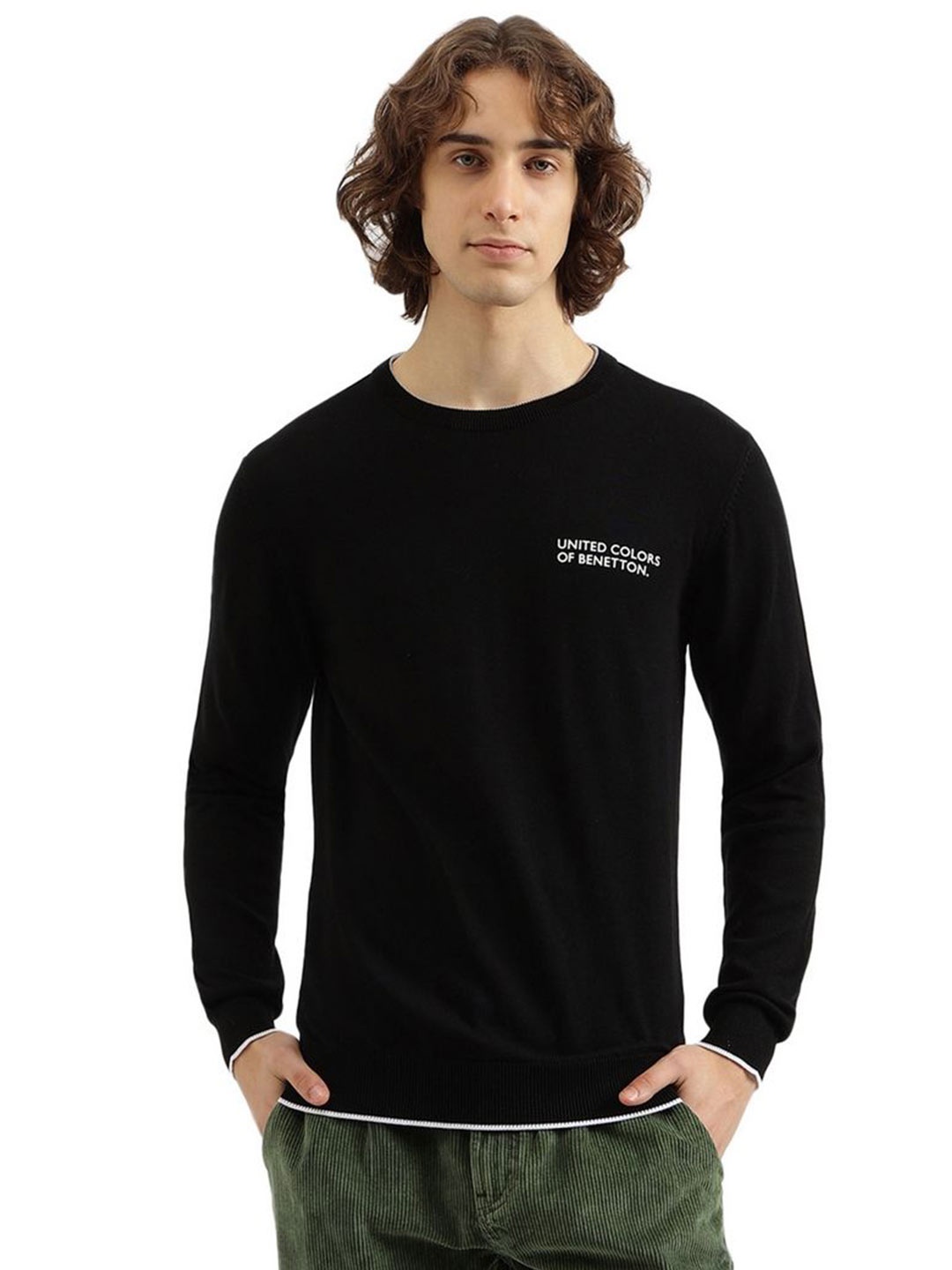 

United Colors of Benetton Men Solid Round Neck Cotton Pullover Sweatshirt, Black