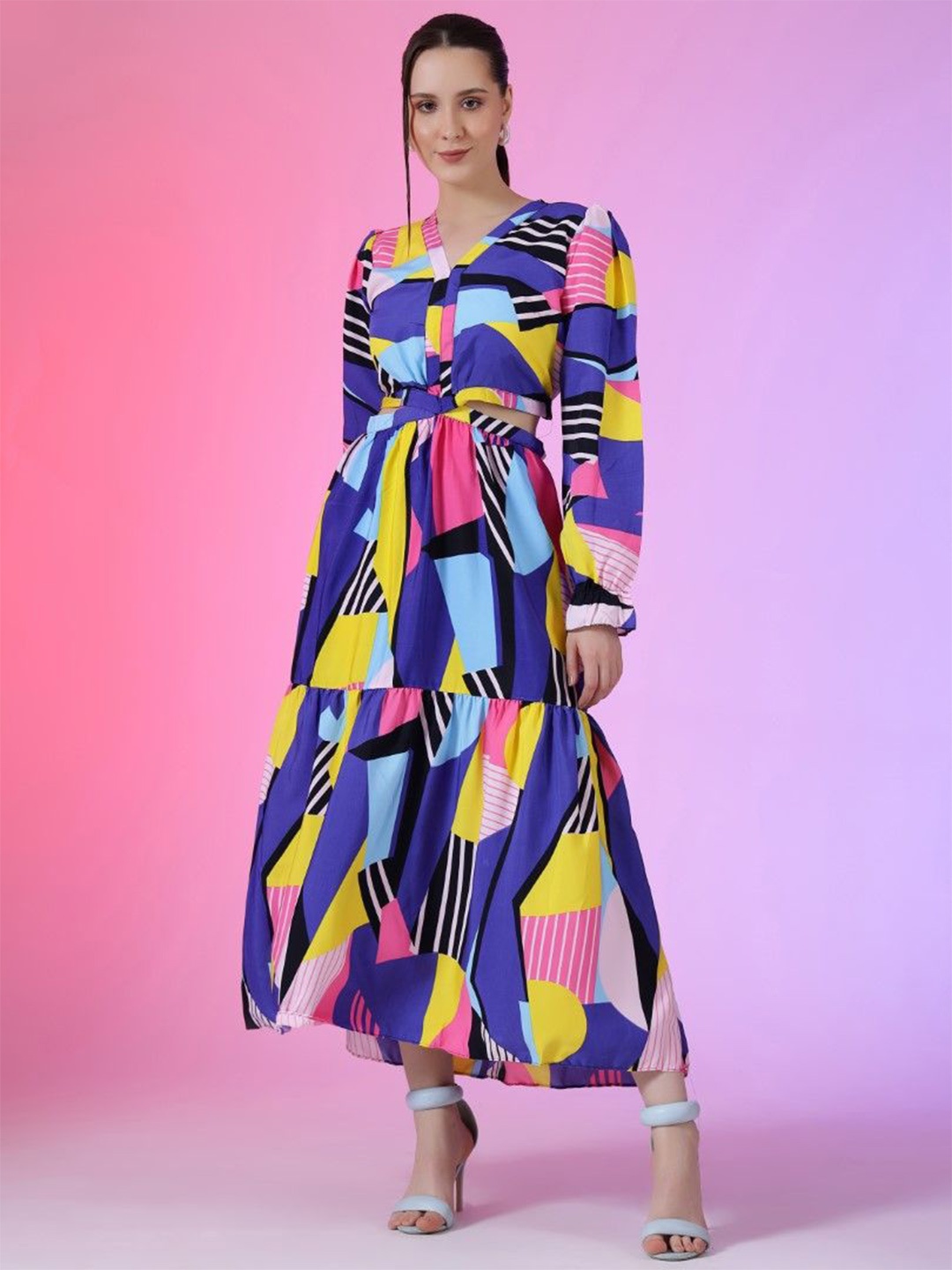 

Femvy Women Applique Crepe Fit & Flare Maxi Dress, Multi