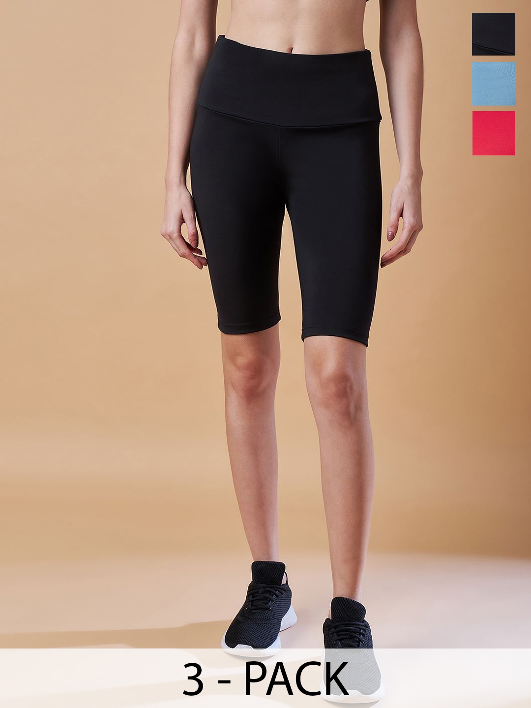 

COLOR CAPITAL Women Pack Of 3 High Rise Above Knee Gym Tights, Black