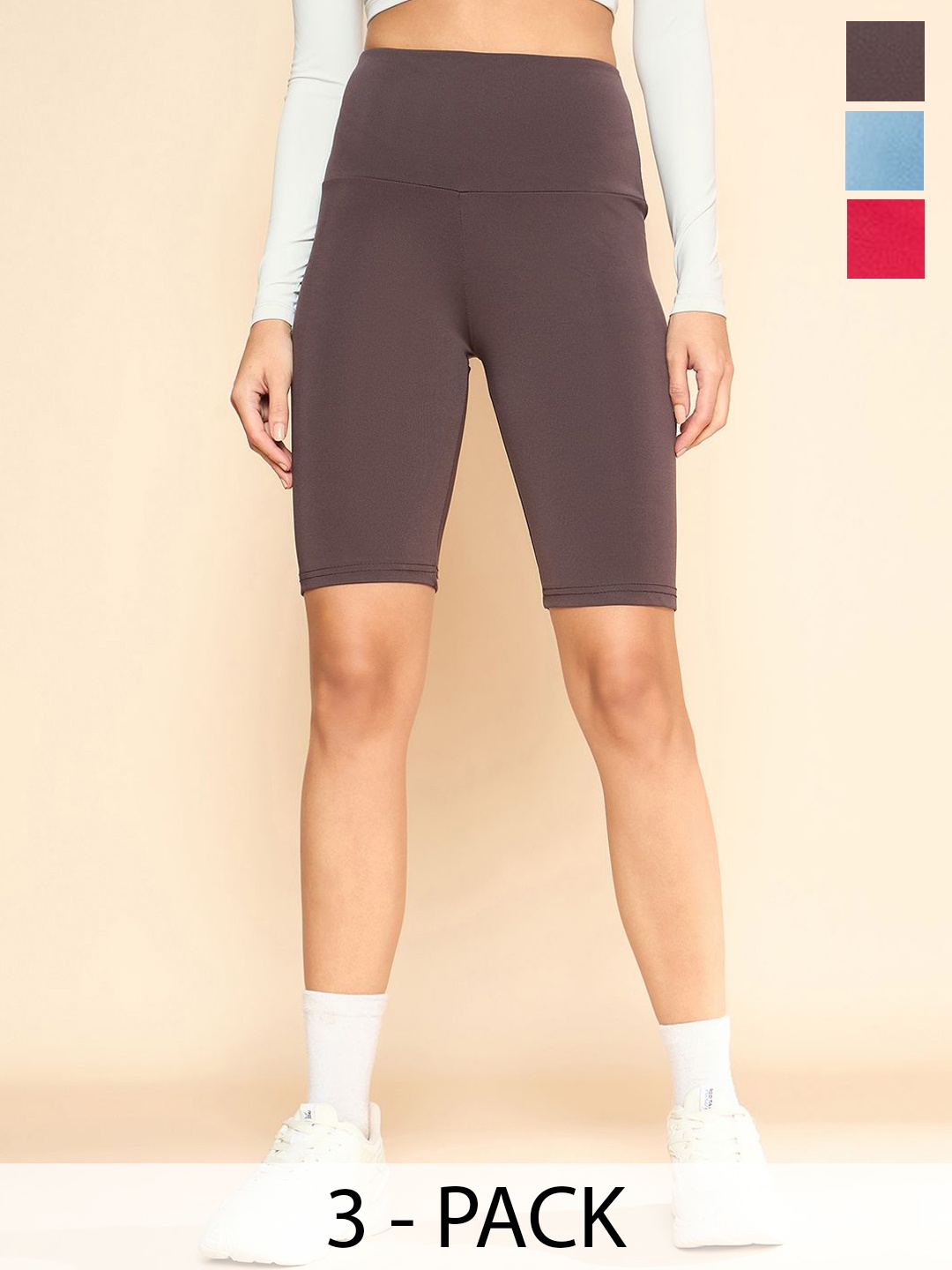 

COLOR CAPITAL Women Pack Of 3 Above Knee Length Cycling Tights, Red