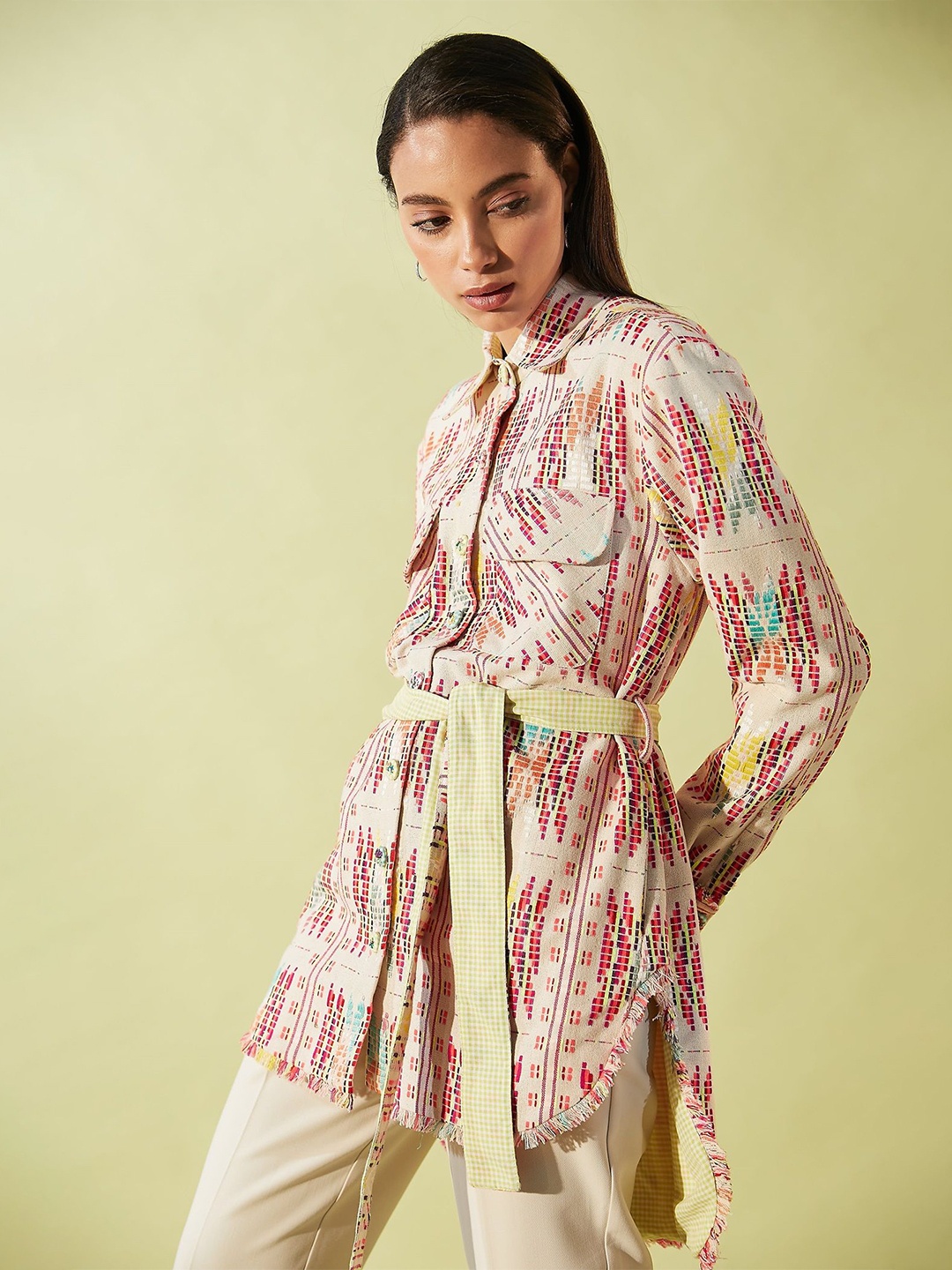 

BETRUE Women Spread Collar Abstract Printed Acrylic Casual Shirt, White