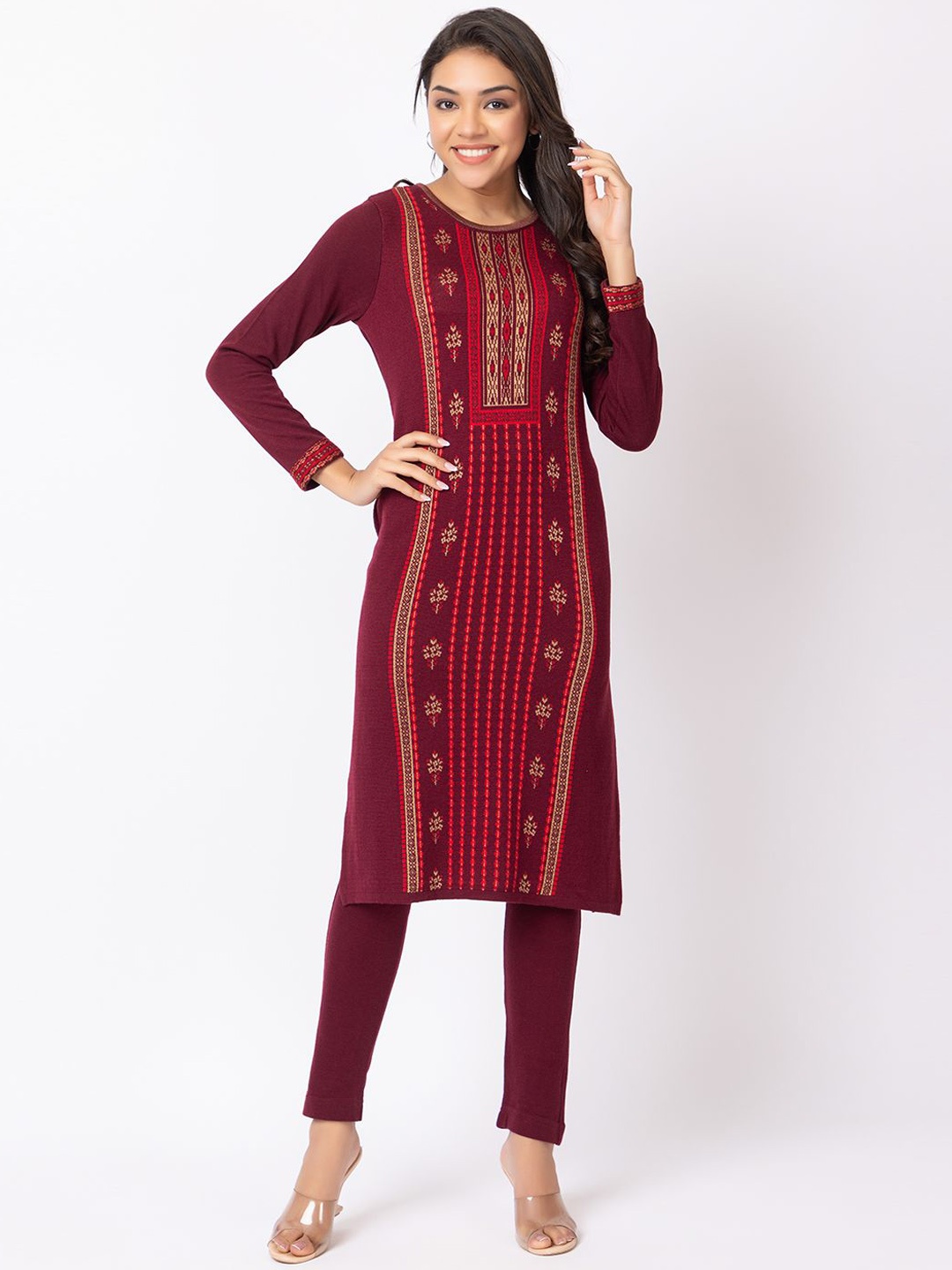 

KEIKO Floral Woven Design Round Neck Acrylic Jacquard Straight Kurta, Maroon