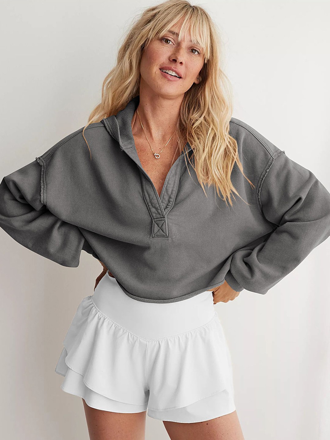 

LULU & SKY Oversized Reverse-stitch Short Hoodie, Grey