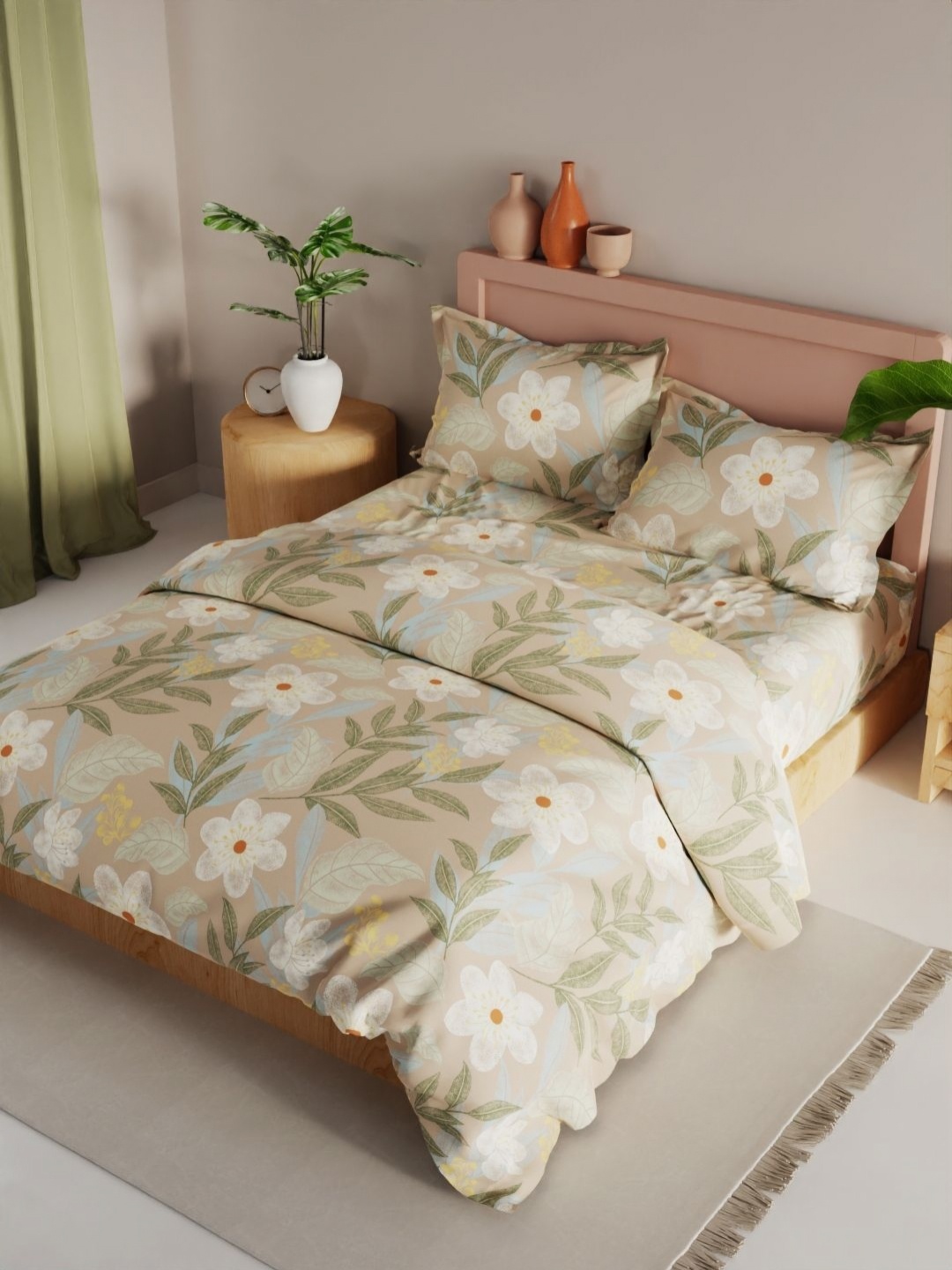 

KOPA Brown & White 4 Pieces Floral Printed Double Queen Regular Bedding Set