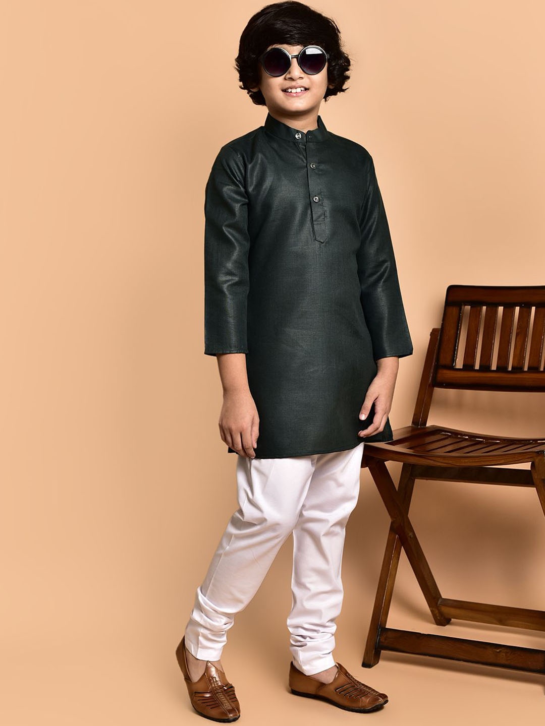 

PRINTCULTR Boys Band Collar Cotton Straight Kurta, Green