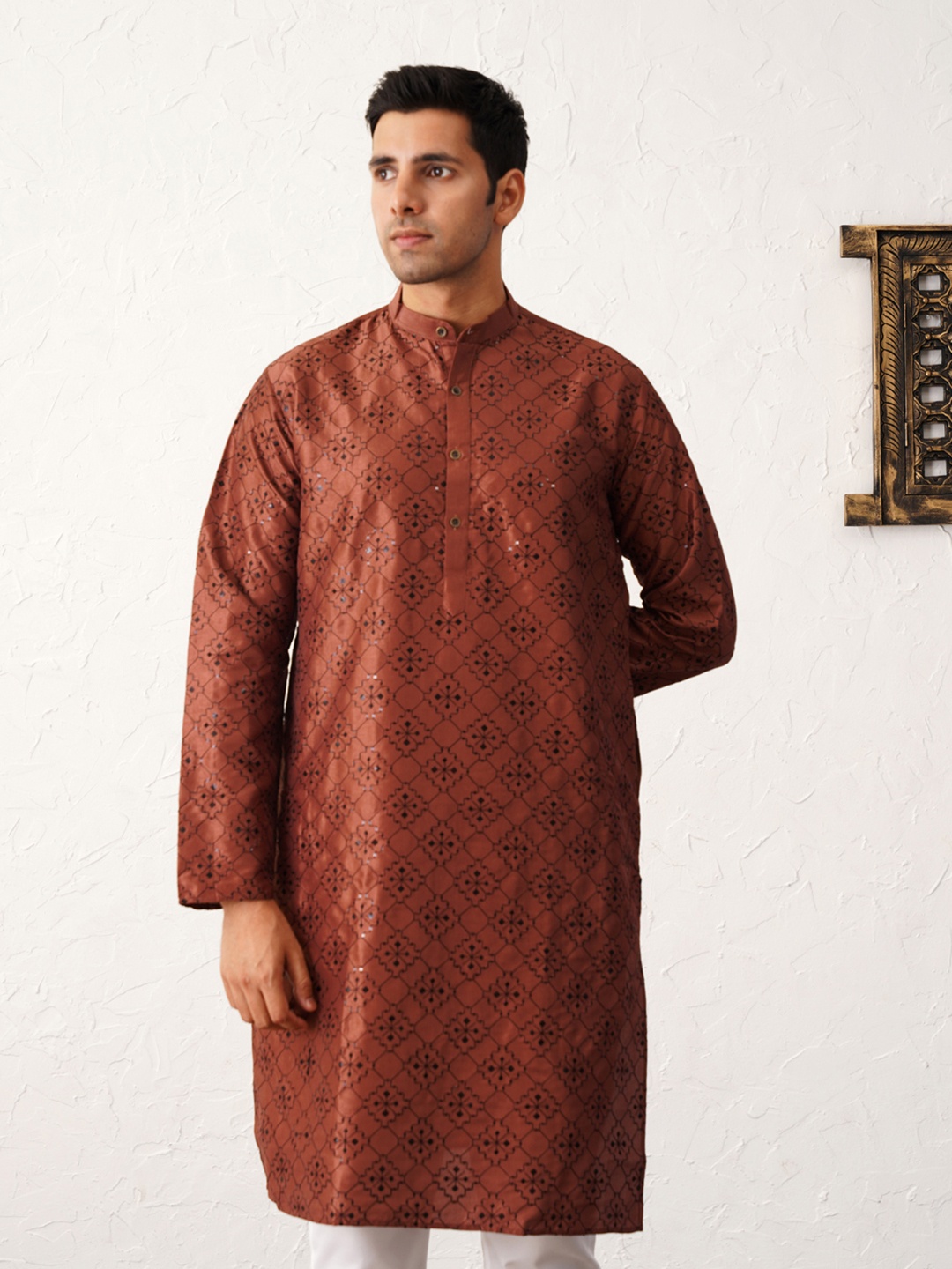 

Jompers Band Collar Floral Embroidered Sequinned Straight Kurta, Brown