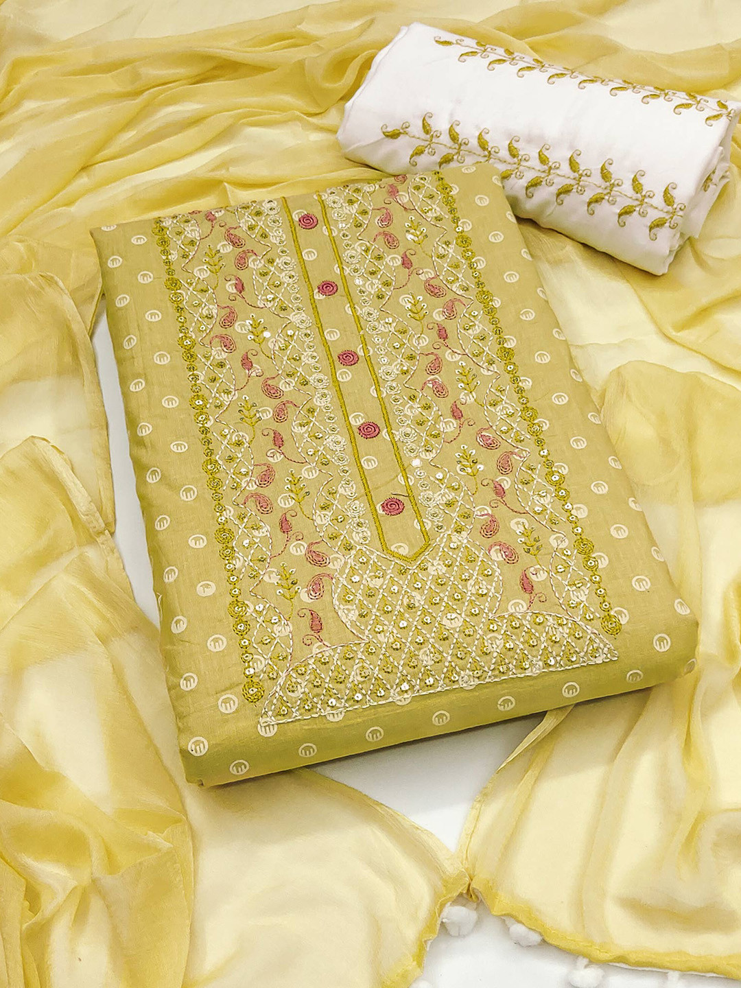 

Peachmode Women Embroidered Printed Pure Cotton Unstitched Dress Material, Yellow