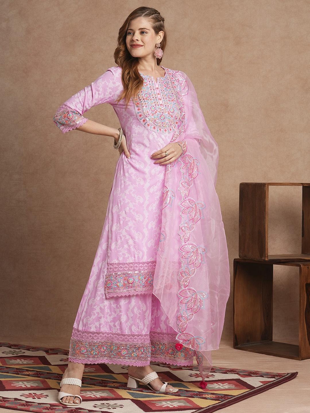 

FASHOR Ethnic Motifs Printed Sequinned Pure Cotton Straight Kurta With Palazzo & Dupatta, Pink