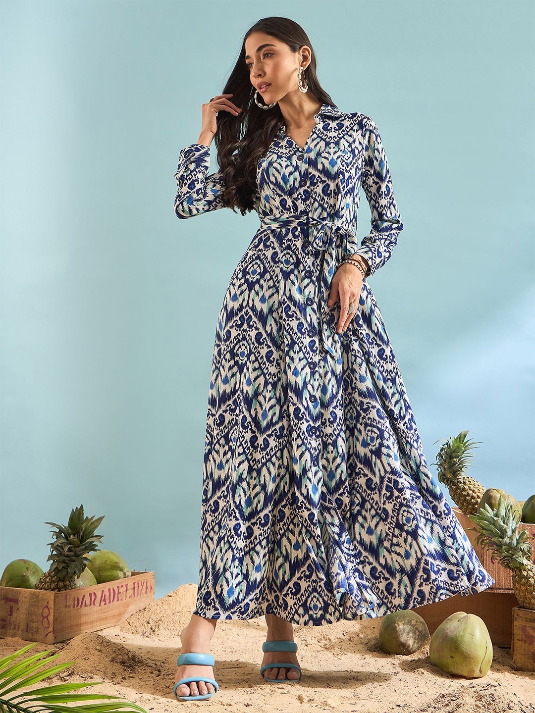 

PANIT Women Abstract Print Fit & Flare Maxi Dress Comes with a belt, Blue