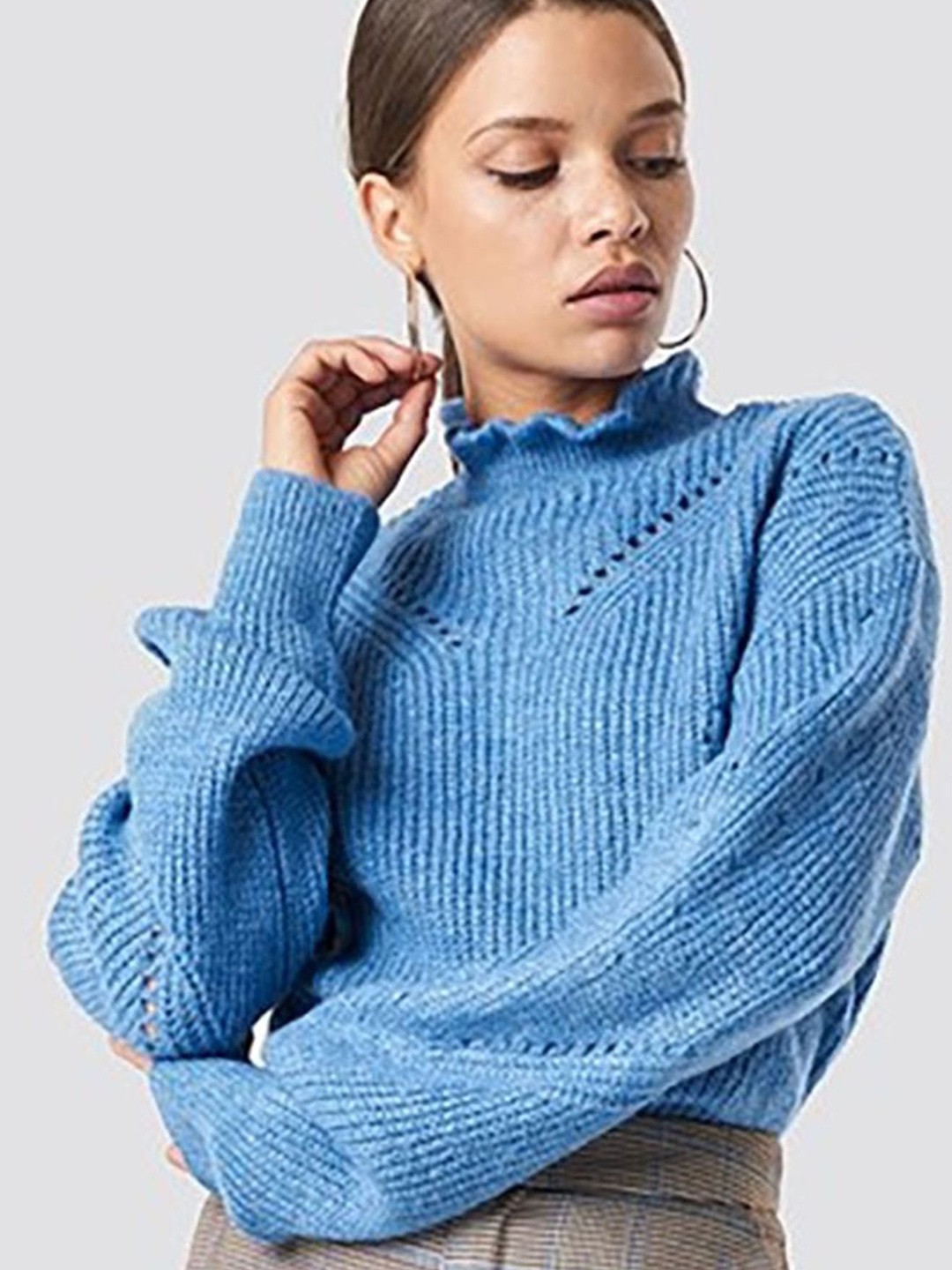 

LULU & SKY Women Open Knit Self Design Turtle Neck Pullover Sweater, Blue