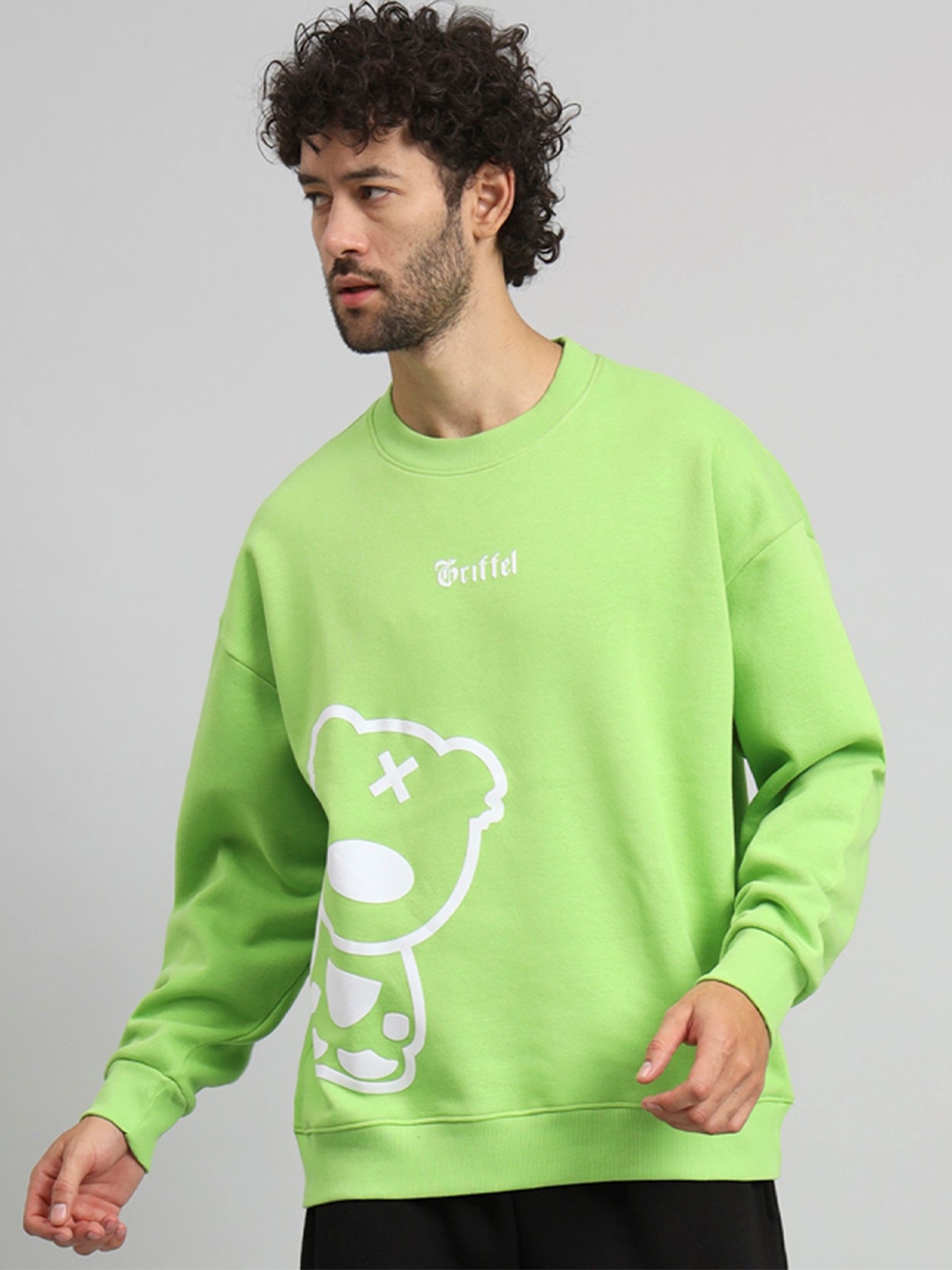 

GRIFFEL Men Graphic Printed Round Neck Fleece Pullover Sweatshirt, Green