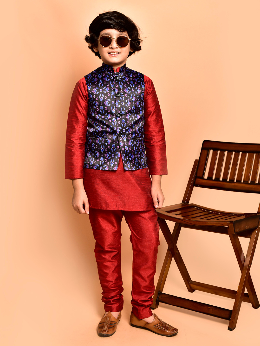 

PRINTCULTR Boys Band Collar Regular Straight Kurta With Churidar With Nehru Jacket, Red