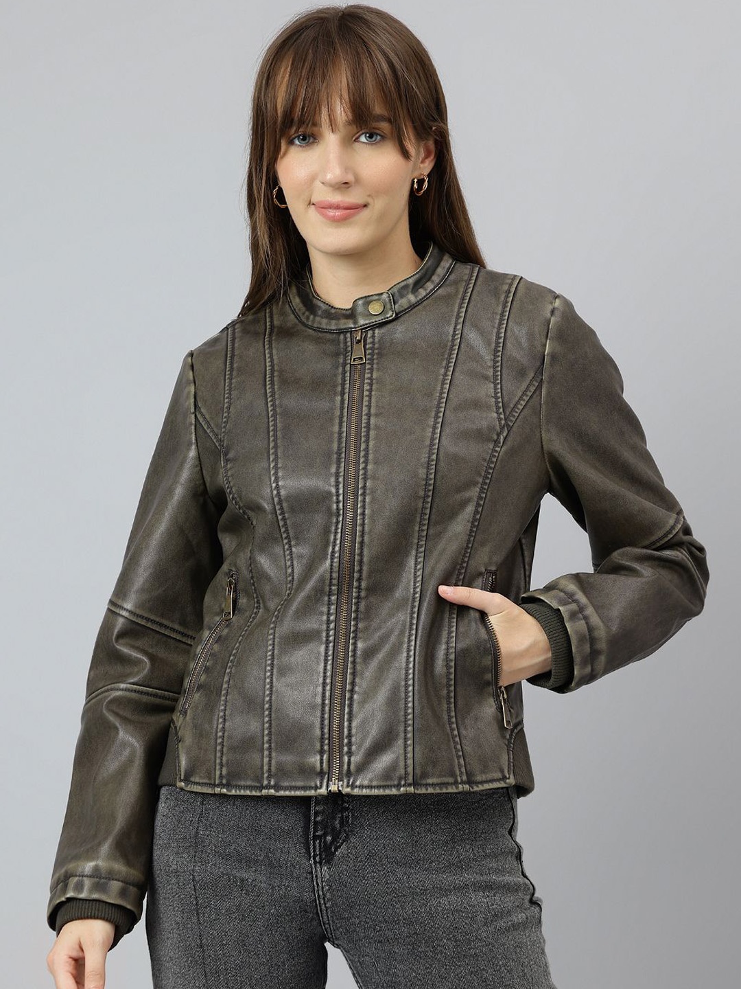 

Latin Quarters Women Mandarin Collar Washed Self Design PU Casual Biker Jacket, Charcoal
