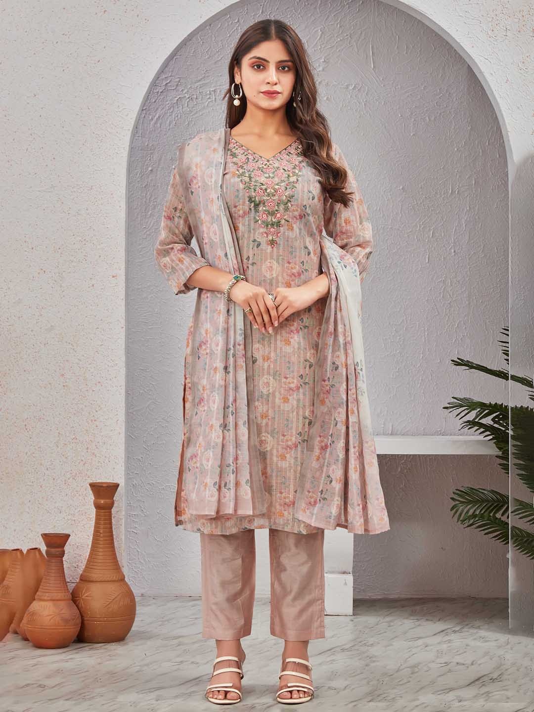 

TWINS LADY Floral Printed V-Neck Thread Work Chanderi Silk Kurta With Trouser & Dupatta, Peach