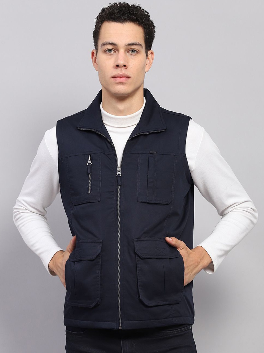 

Monte Carlo Men Mock Collar Solid Cotton Casual Open Front Jacket, Navy blue