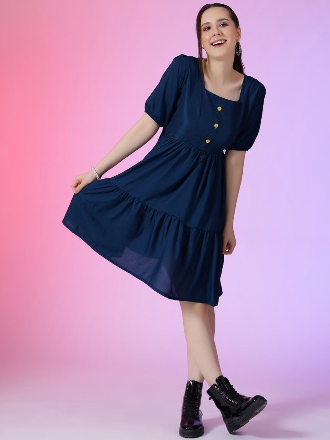 

Femvy Puff Sleeve Applique Fit & Flare Dress, Blue