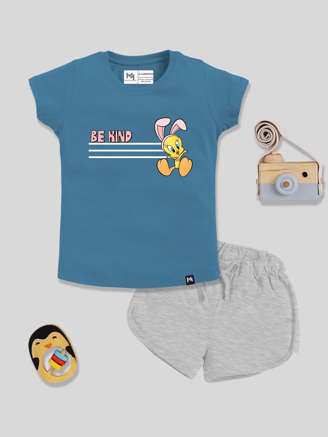 

YK X Minute Mirth Girls Looney Tunes Printed Pure Cotton Top with Shorts, Blue