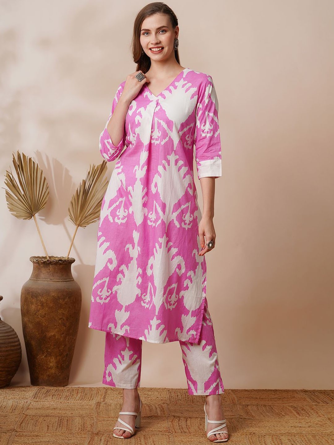 

KALINI Printed V Neck Pure Cotton Top With Trousers, Pink