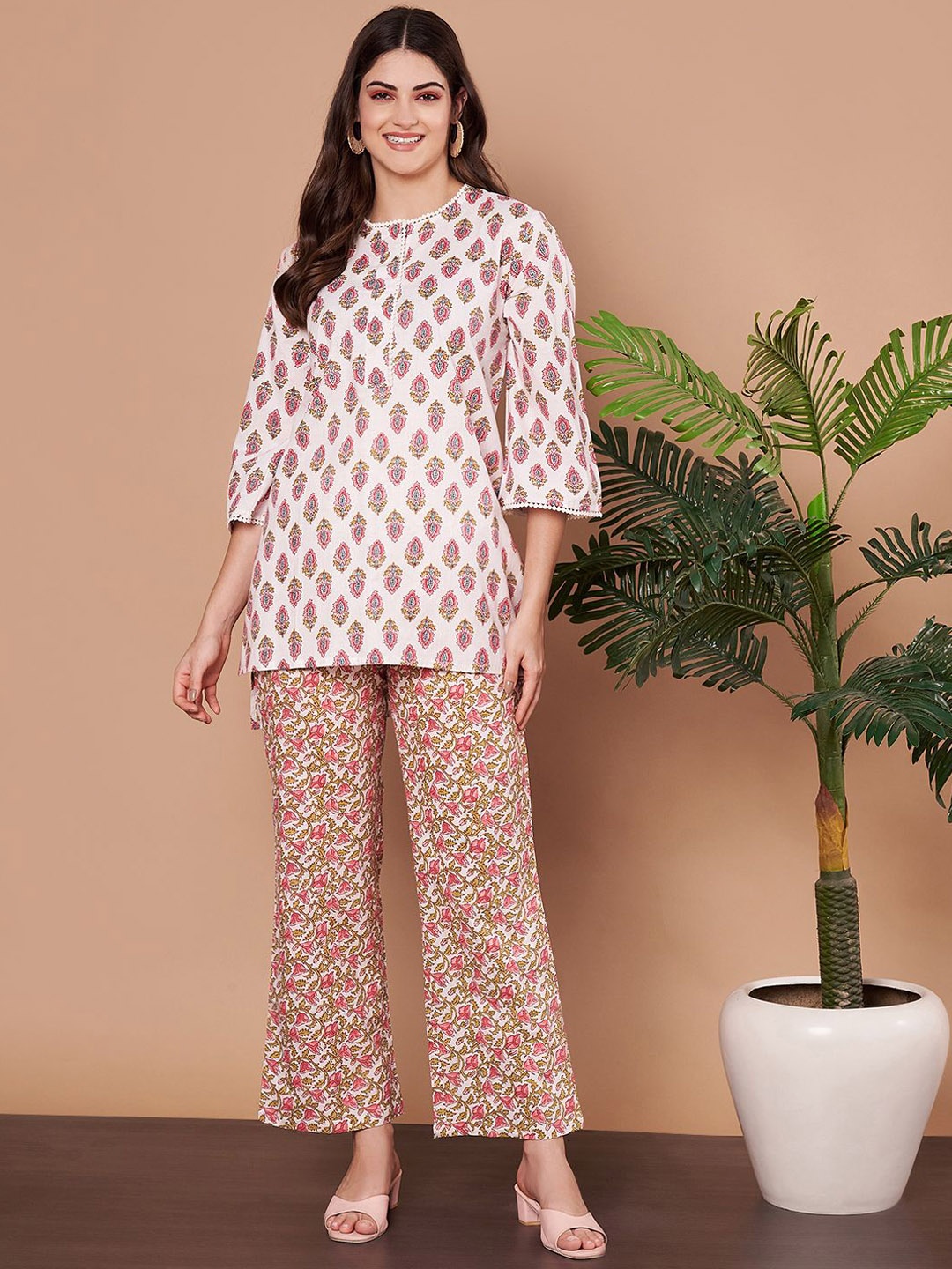 

ETC Floral Printed Pure Cotton Tunic Top With Trouser, White