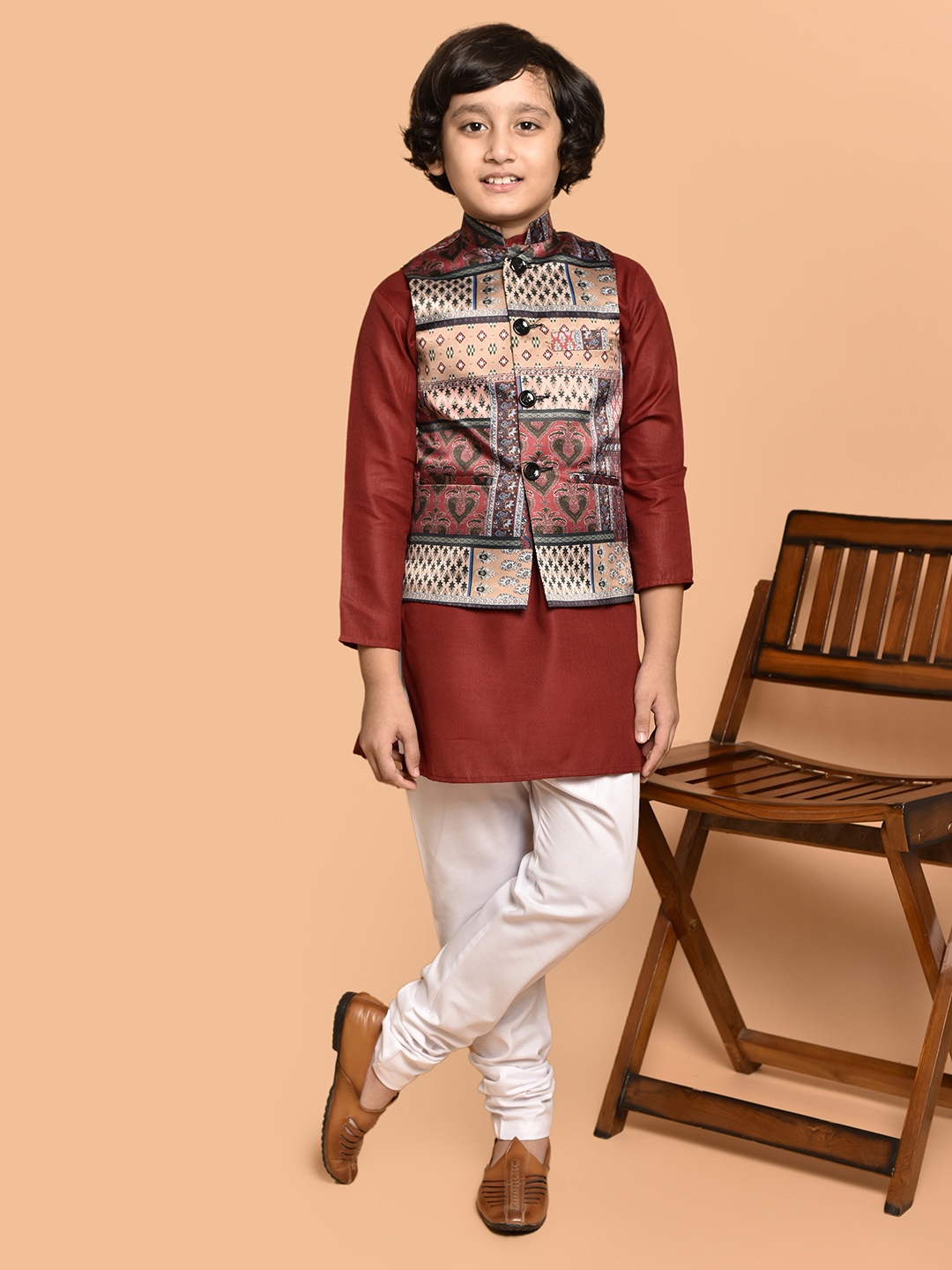 

PRINTCULTR Boys Mandarin Collar Straight Kurta with Pyjamas, Red