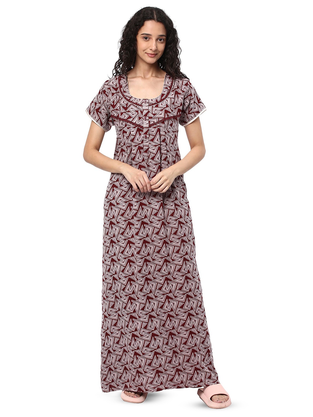 

KOVIRA Abstract Printed Maxi Nightdress, Maroon