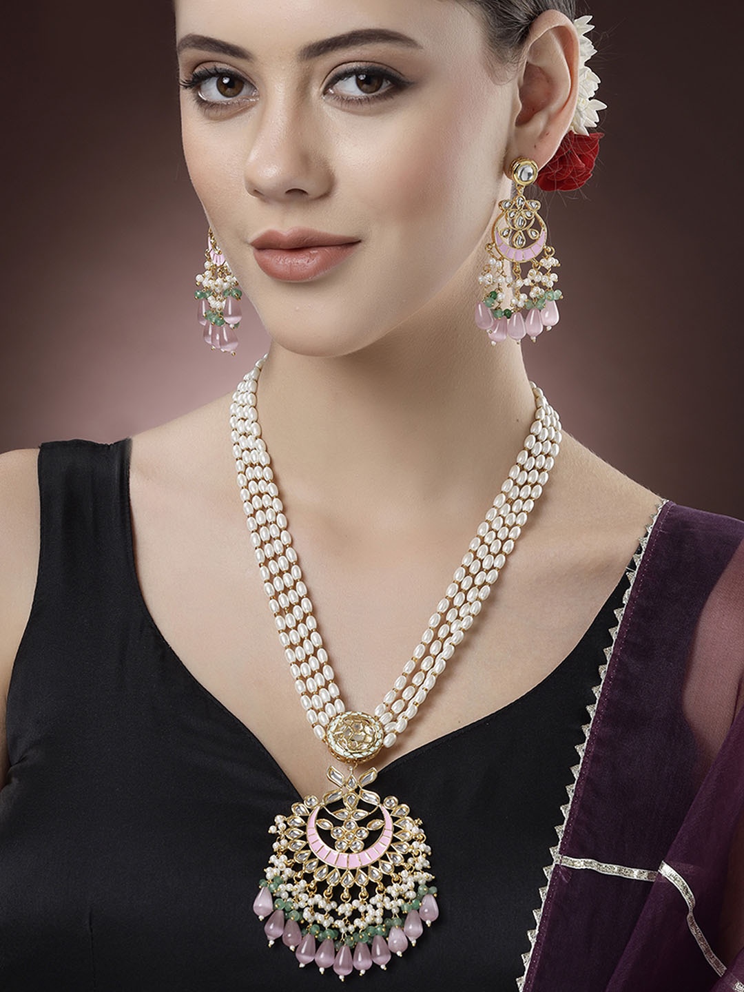 

KARATCART Gold-Plated Crystal Pearl Rani Haar Jewellery Set