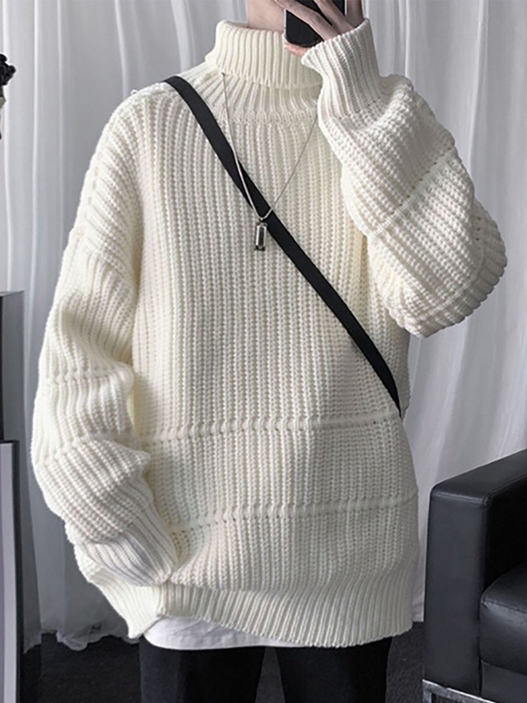 

StyleCast x Revolte Men Ribbed Self Design Turtle Neck Pullover Ribbed Sweater, White