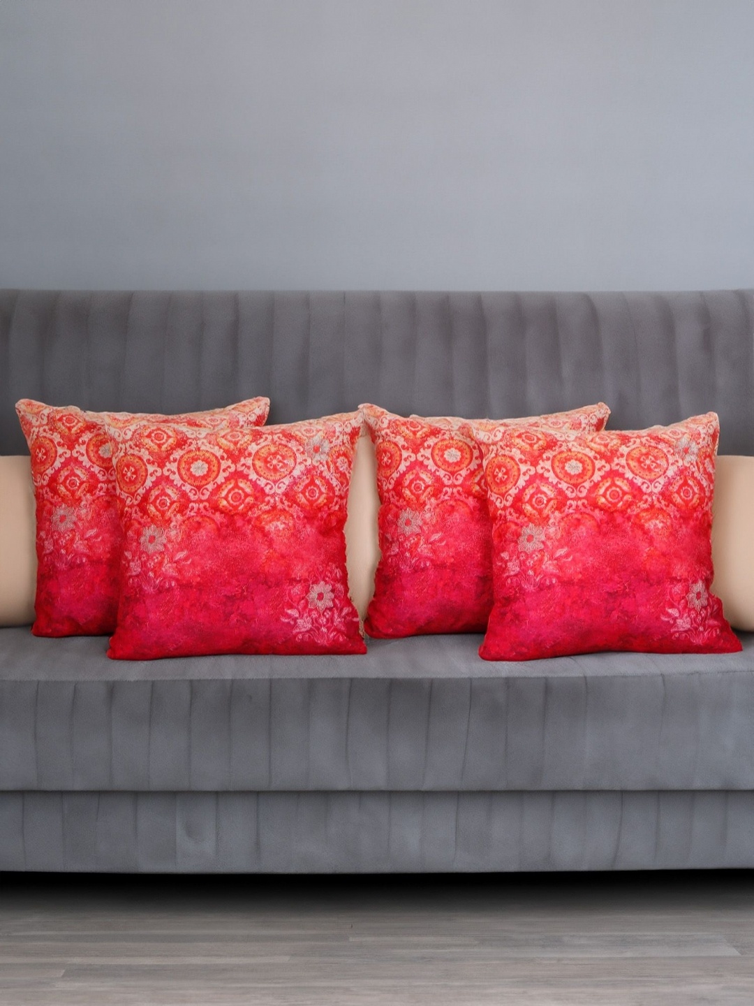 

ZEBA Pink & Orange Colored 4 Pieces Floral Embroidered Square Cushion Covers