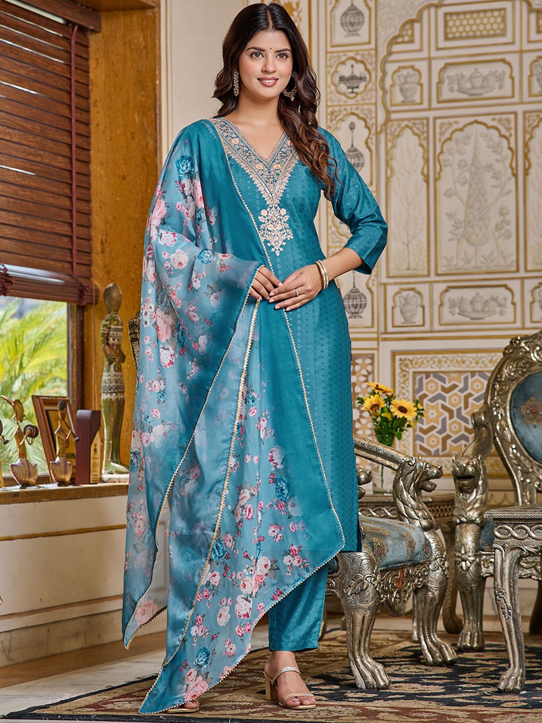 

KALINI Floral Embroidered Regular Sequinned Straight Kurta with Trousers & Dupatta, Teal