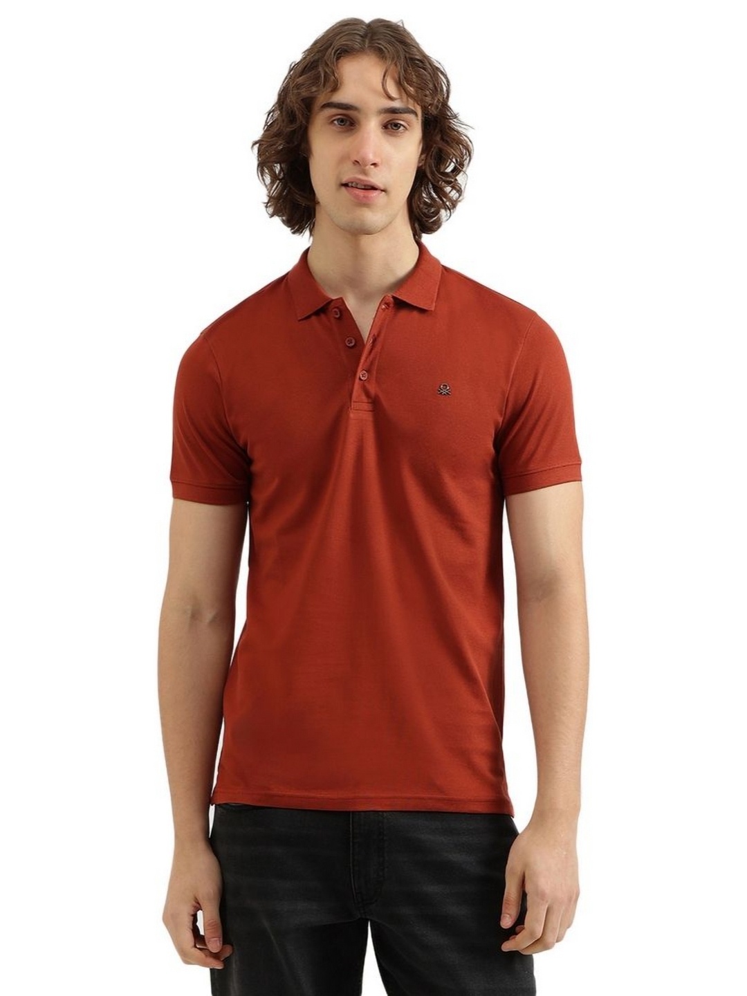 

United Colors of Benetton Men Solid Polo Collar Pure Cotton T-shirt, Orange