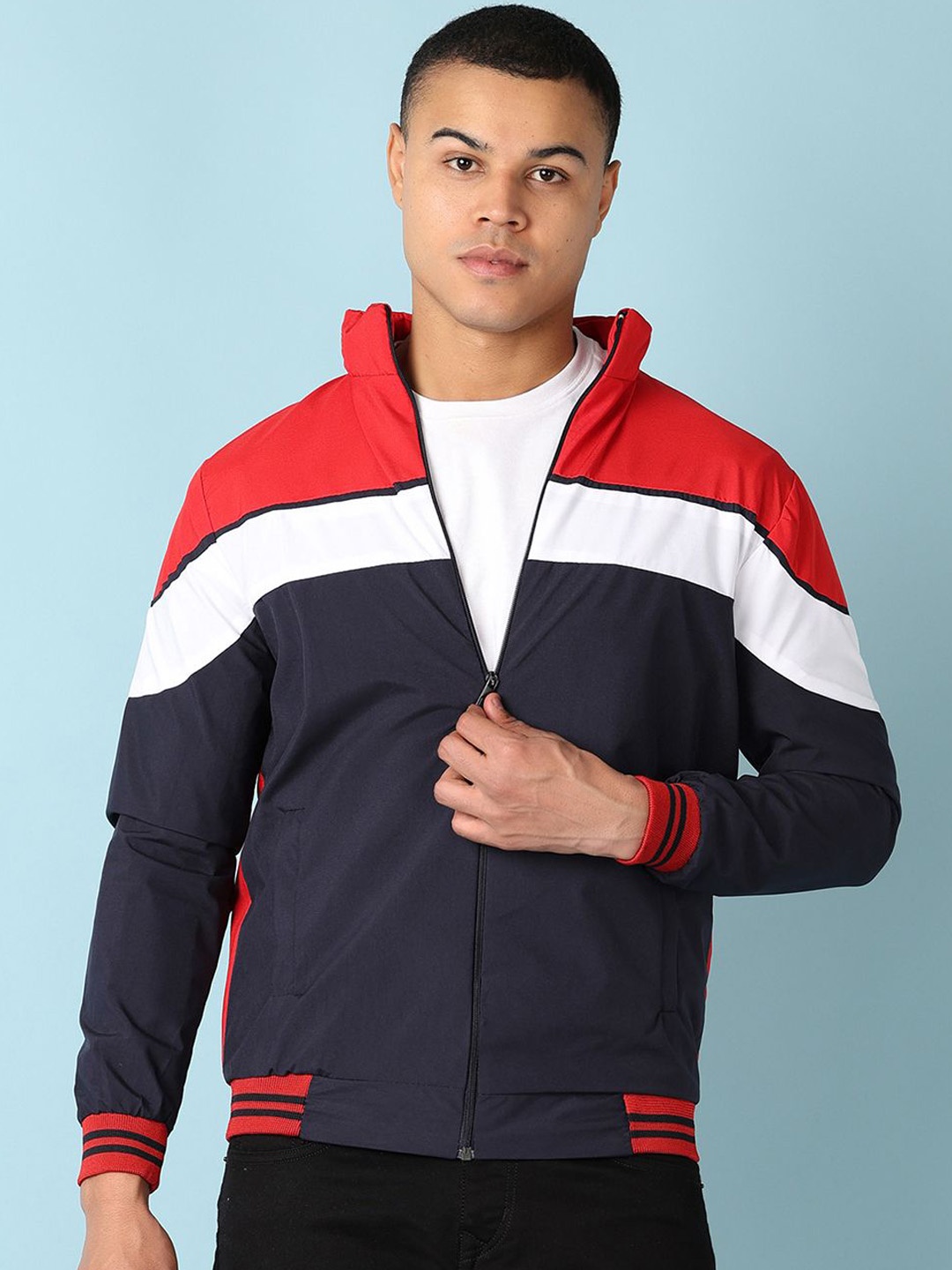 

V-Mart Men Mock Collar Colourblocked Casual Bomber Jacket, Navy blue