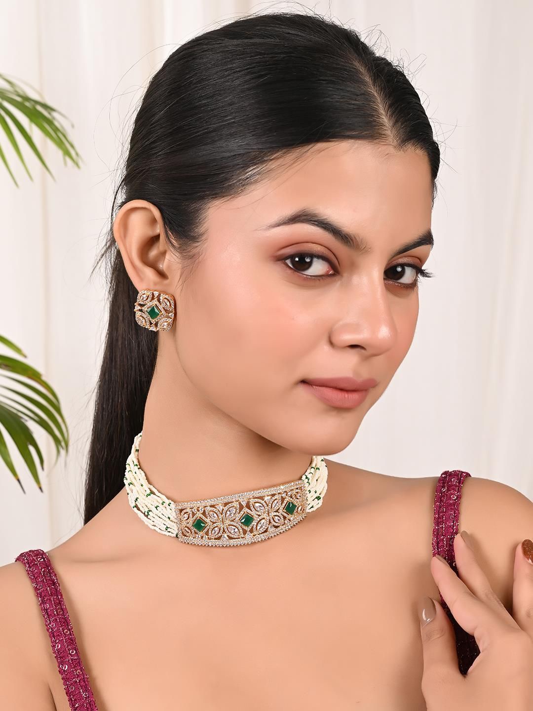 

RATNAVALI JEWELS Gold Plated American Diamond Studded & Beaded Jewellery Set