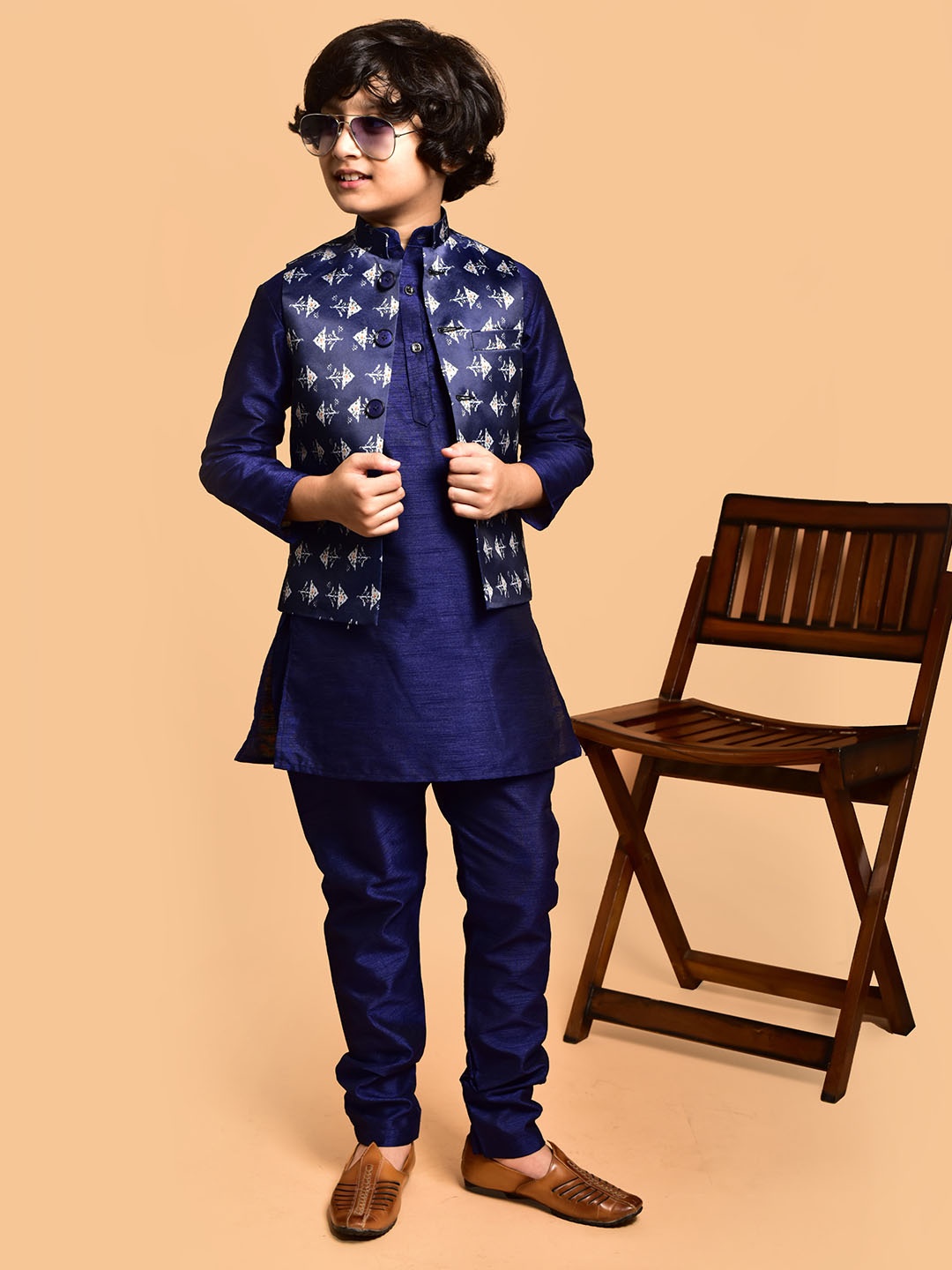 

PRINTCULTR Boys Mandarin Collar Straight Kurta With Churidar And Printed Nehru jacket, Navy blue