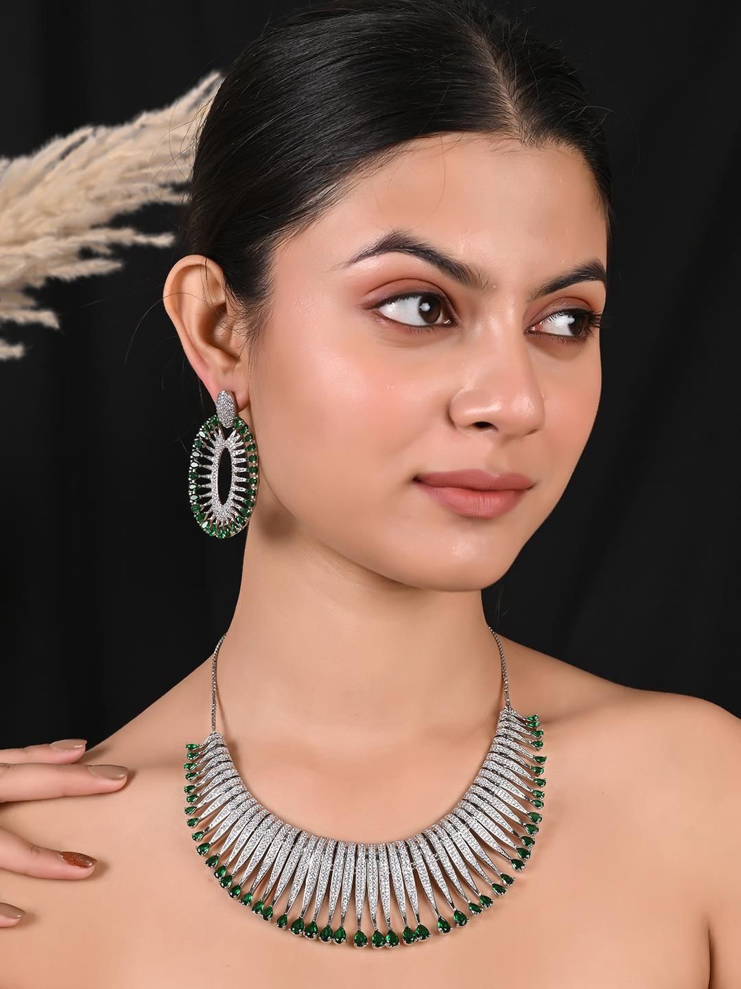 

RATNAVALI JEWELS Silver-Plated AD Stone-Studded Jewellery Set