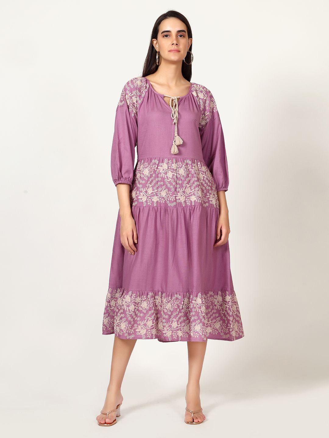 

Saffron Threads Women Embroidered Tie-Up Neck A-Line Midi Dress, Mauve