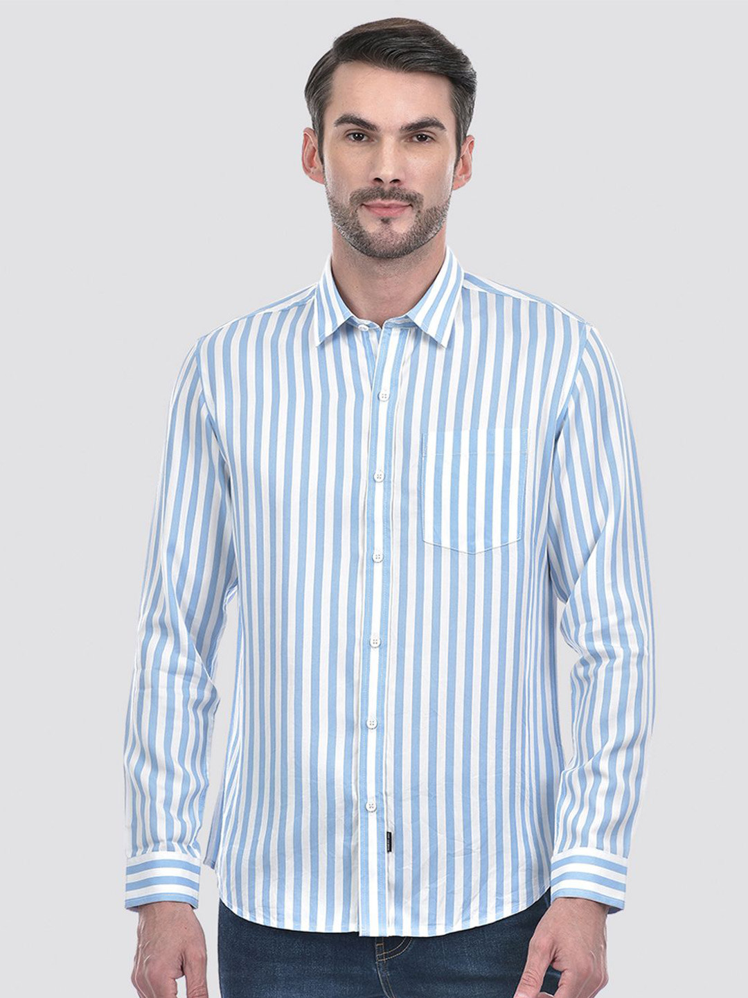 

Numero Uno Men Spread Collar Vertical Striped Cotton Slim Fit Casual Shirt, White