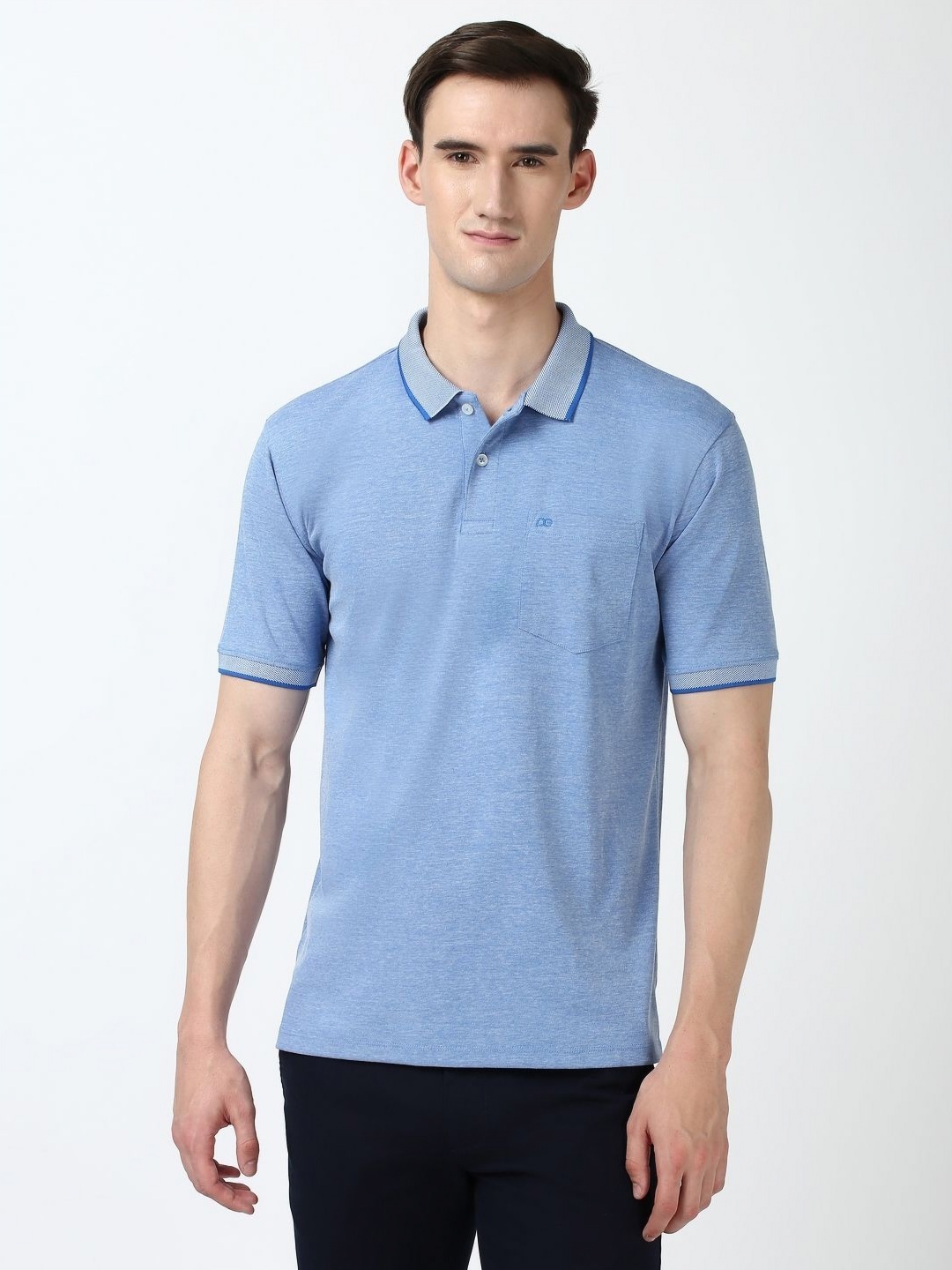 

Peter England Men Self Design Polo Collar Cotton T-shirt, Blue