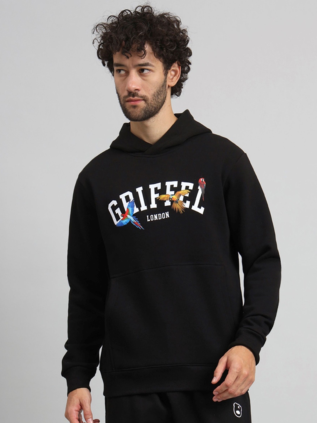 

GRIFFEL Men Graphic Printed Hood Fleece Pullover Sweatshirt, Black