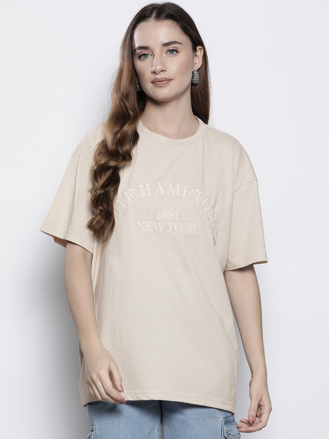 

Boohoo Drop-Shoulder Sleeves Pure Cotton Embroidered Oversized T-shirt, Beige