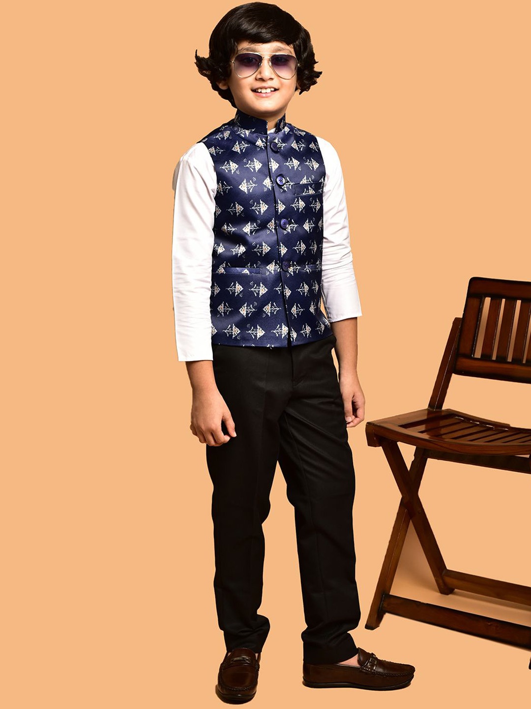 

PRINTCULTR Boys Printed Satin Nehru Jackets, Navy blue
