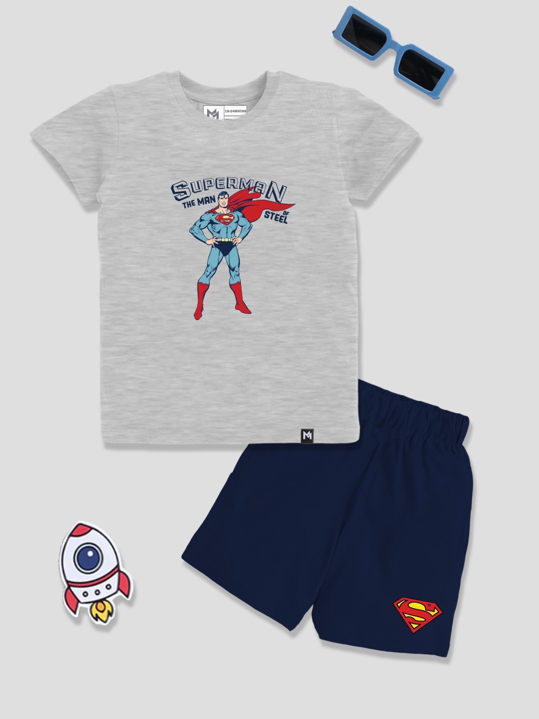 

YK X Minute Mirth Boys Superman Printed Pure Cotton T-shirt with Shorts, Grey