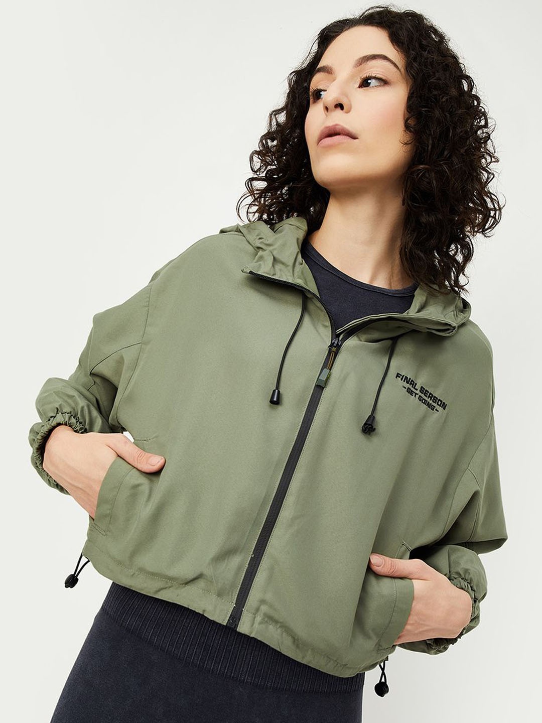 

max Women Hooded Solid Casual Open Front Jacket, Olive