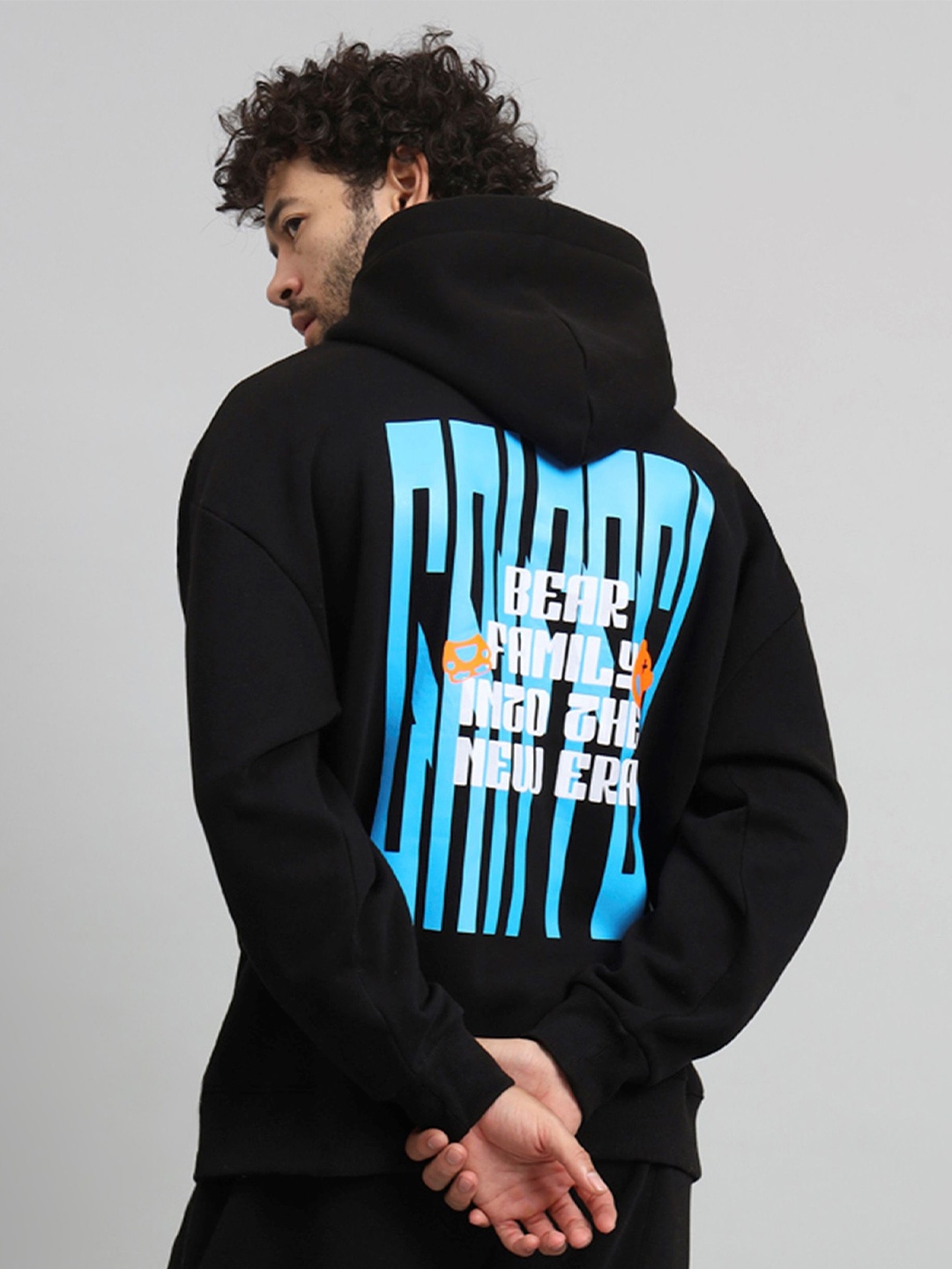 

GRIFFEL Men Typography Printed Hood Fleece Pullover Sweatshirt, Black