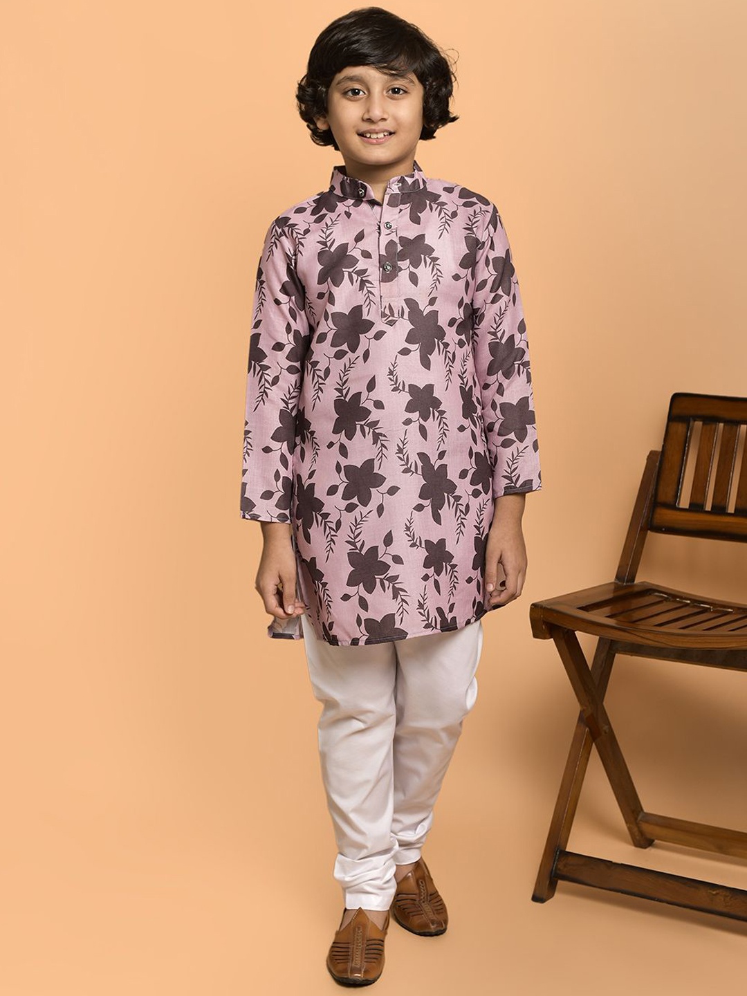 

PRINTCULTR Boys Floral Printed Mandarin Collar Pure Cotton Straight Kurta, Pink