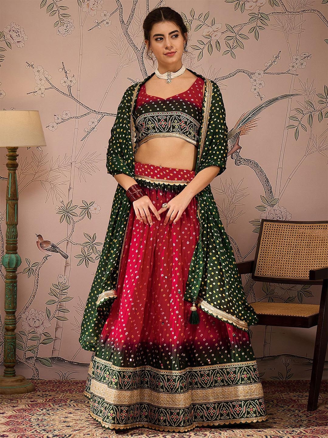 

SHRINGARINI Bandhani Printed Ready to Wear Lehenga & Unstitched Blouse With Dupatta, Red
