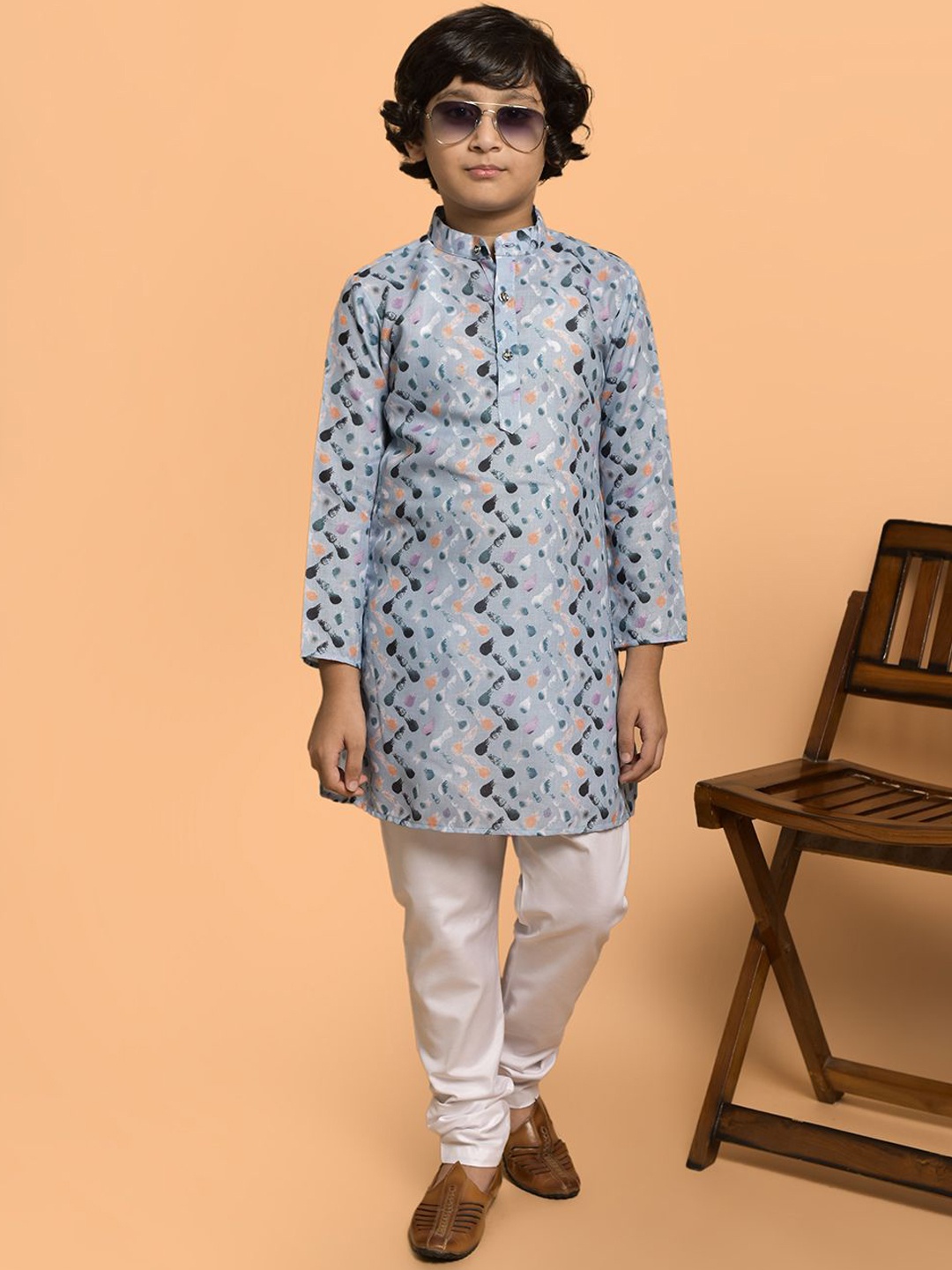 

PRINTCULTR Boys Quirky Printed Band Collar Cotton Straight Kurta, Blue